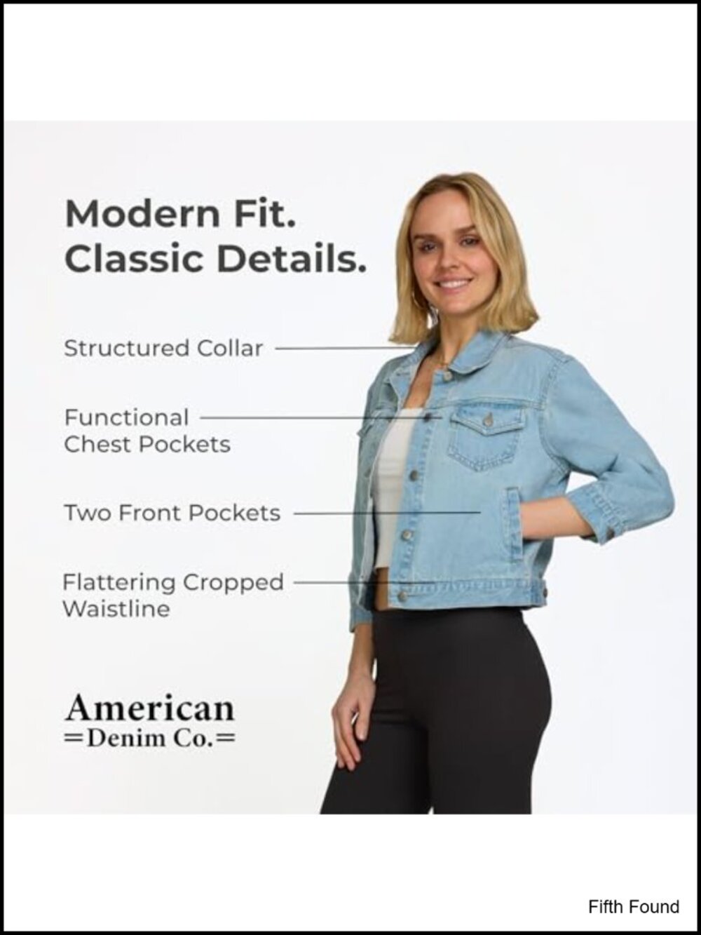 3/4 Sleeve Cropped Denim Jacket with Pockets Button Front - Picture 3 of 6